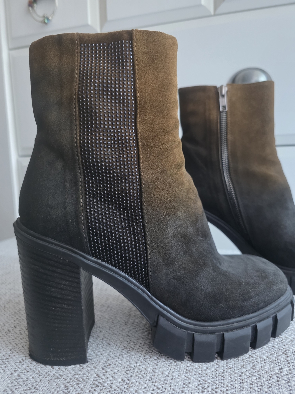 Italian Olive Suede Block Heel Ankle Boots with Studded Panel